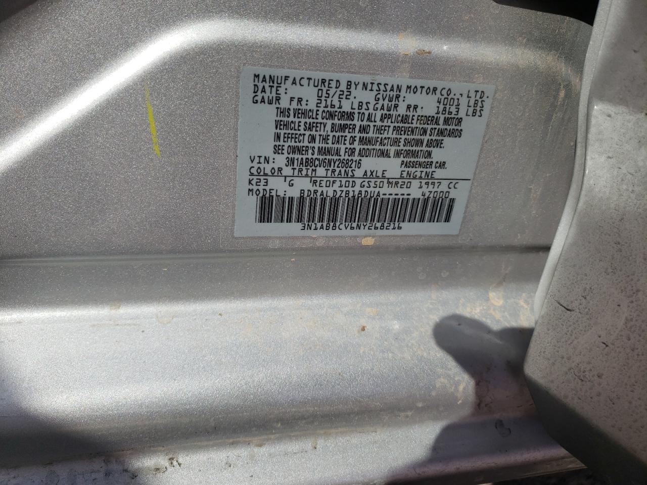 2022 NISSAN SENTRA SV VIN:3N1AB8CV6NY268216