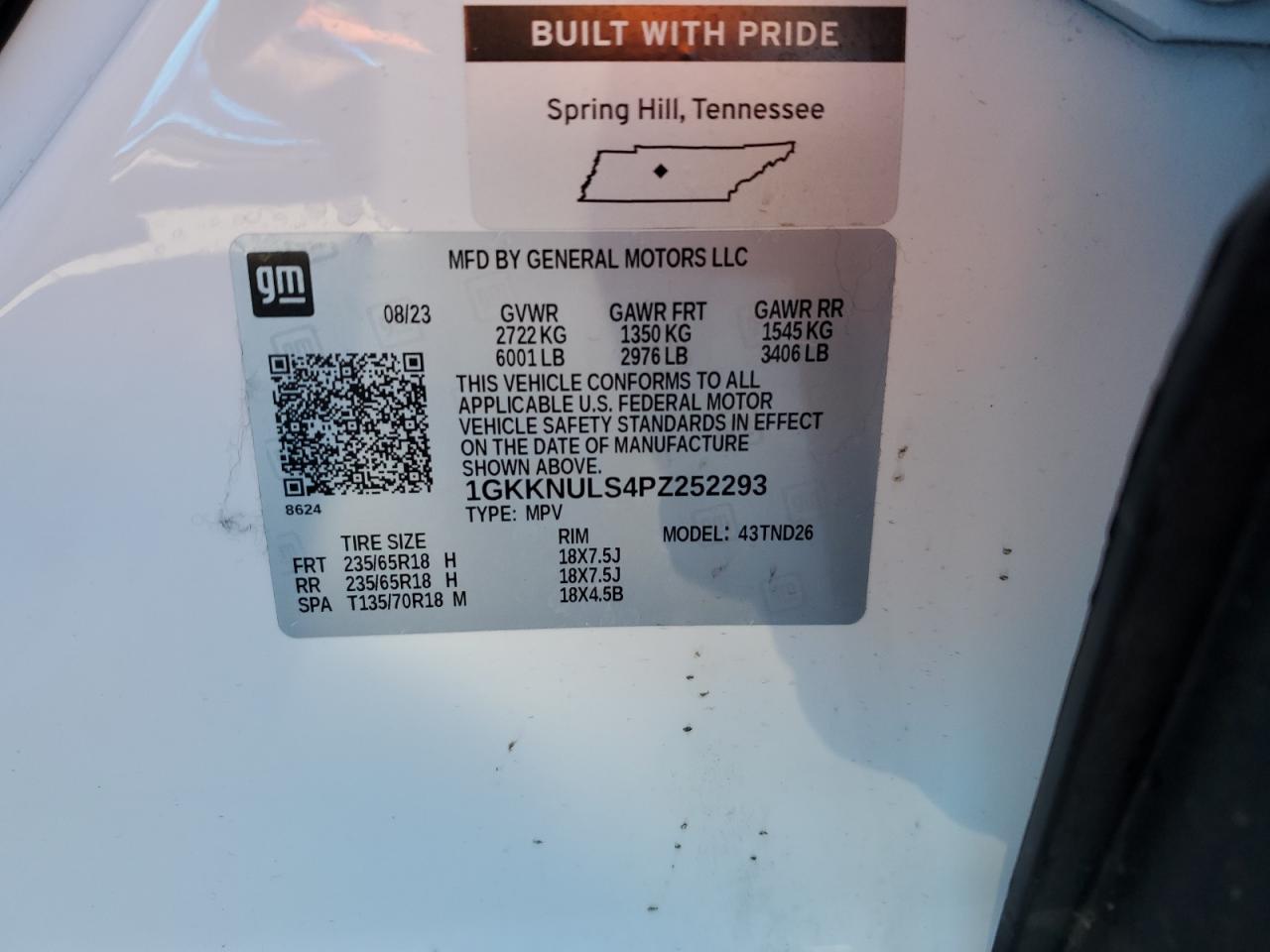 2023 GMC ACADIA SLT VIN:1GKKNULS4PZ252293