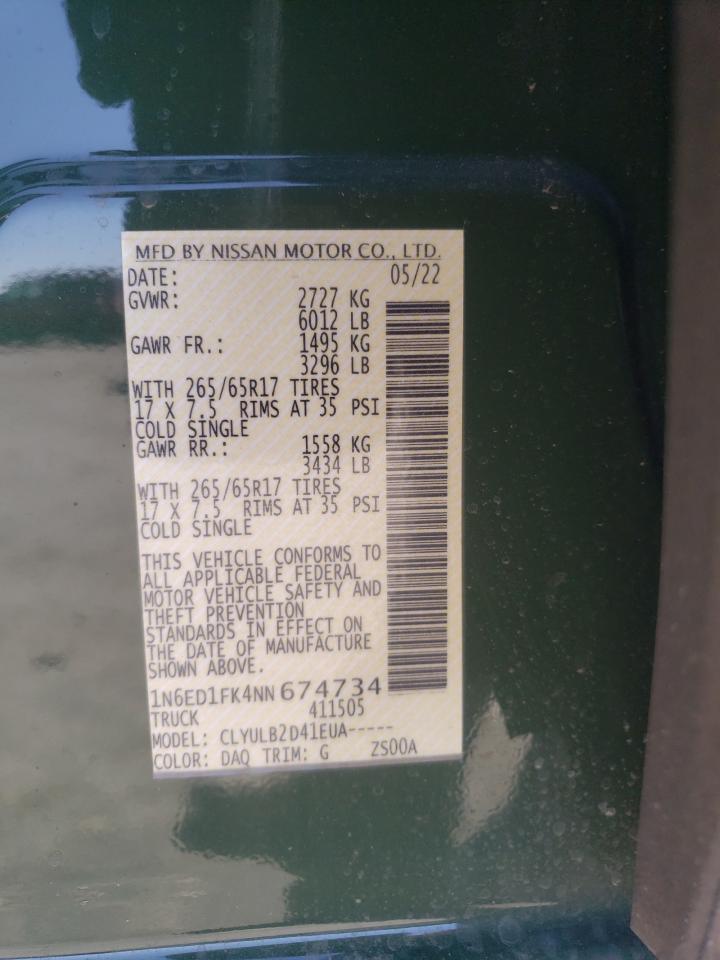 2022 NISSAN FRONTIER SV VIN:1N6ED1FK4NN674734