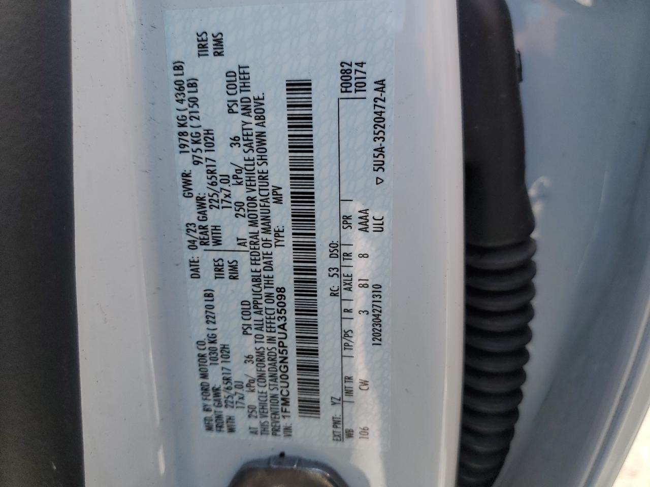 2023 FORD ESCAPE ACTIVE VIN:1FMCU0GN5PUA35098