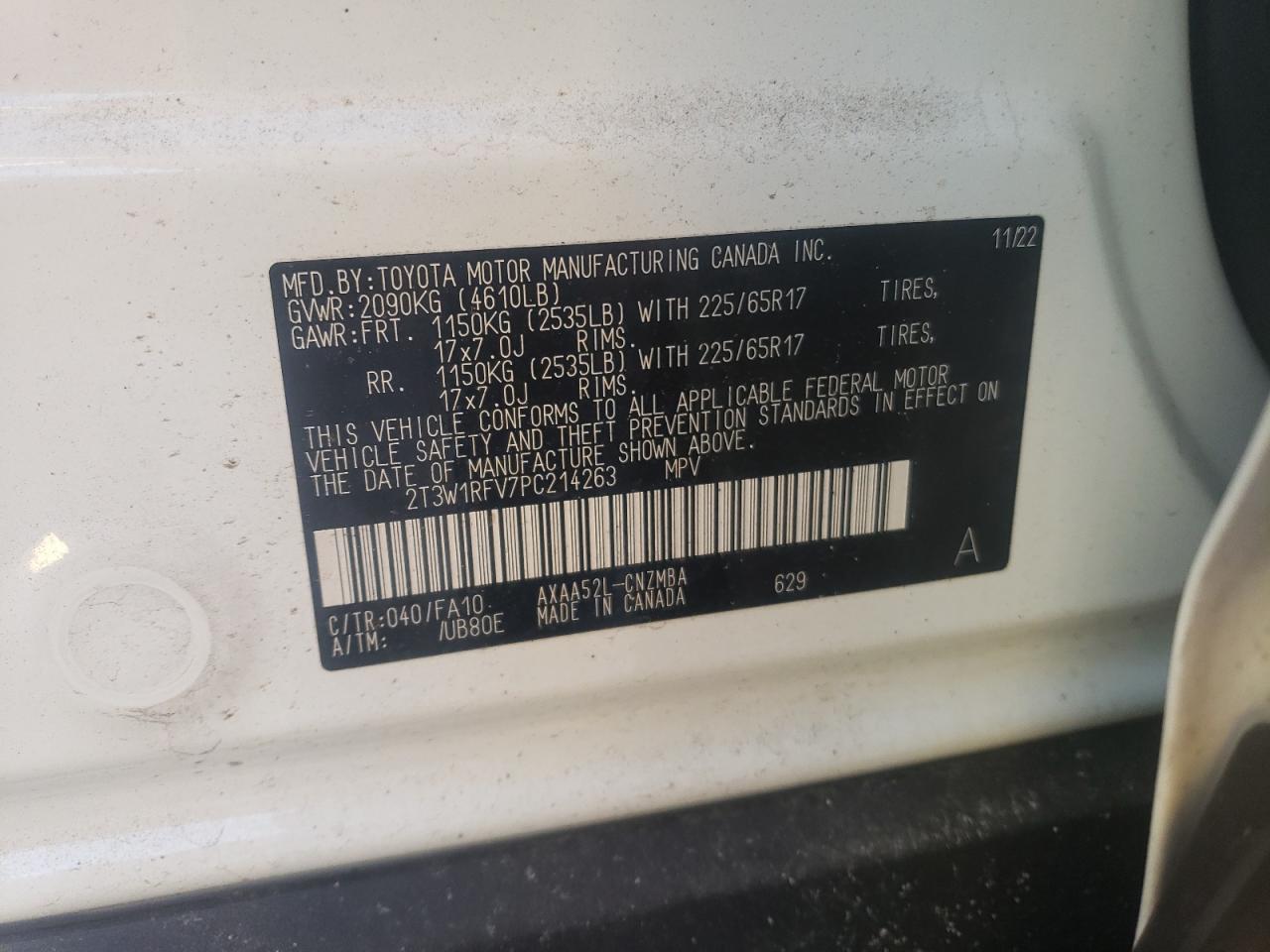 2023 TOYOTA RAV4 XLE VIN:2T3W1RFV7PC214263