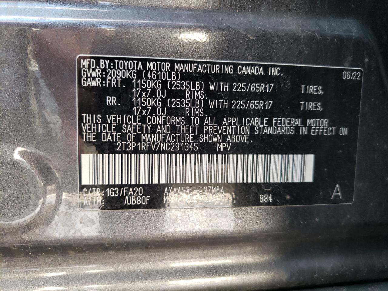 2022 TOYOTA RAV4 XLE VIN:2T3P1RFV7NC291345