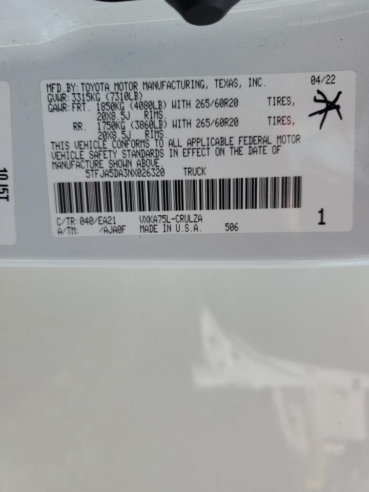 2022 TOYOTA TUNDRA DOUBLE CAB LIMITED VIN:5TFJA5DA3NX026320