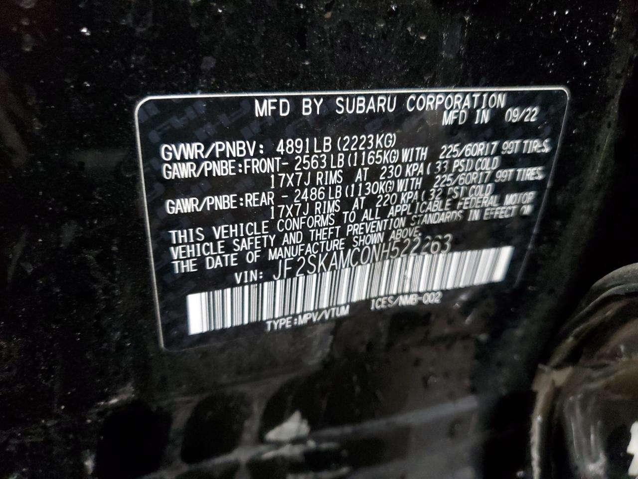 2022 SUBARU FORESTER WILDERNESS VIN:JF2SKAMC0NH522263