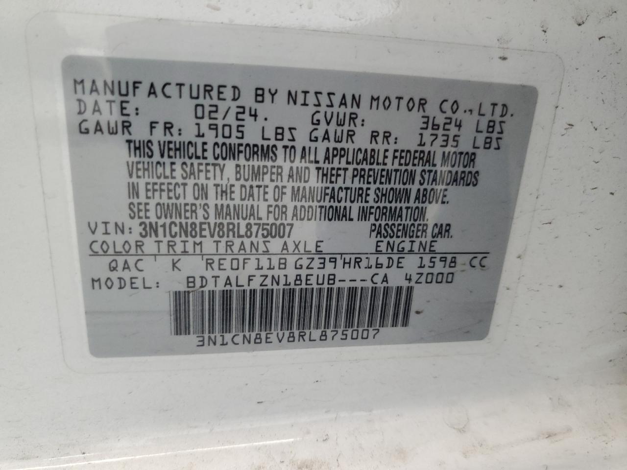 2024 NISSAN VERSA SV VIN:3N1CN8EV8RL875007