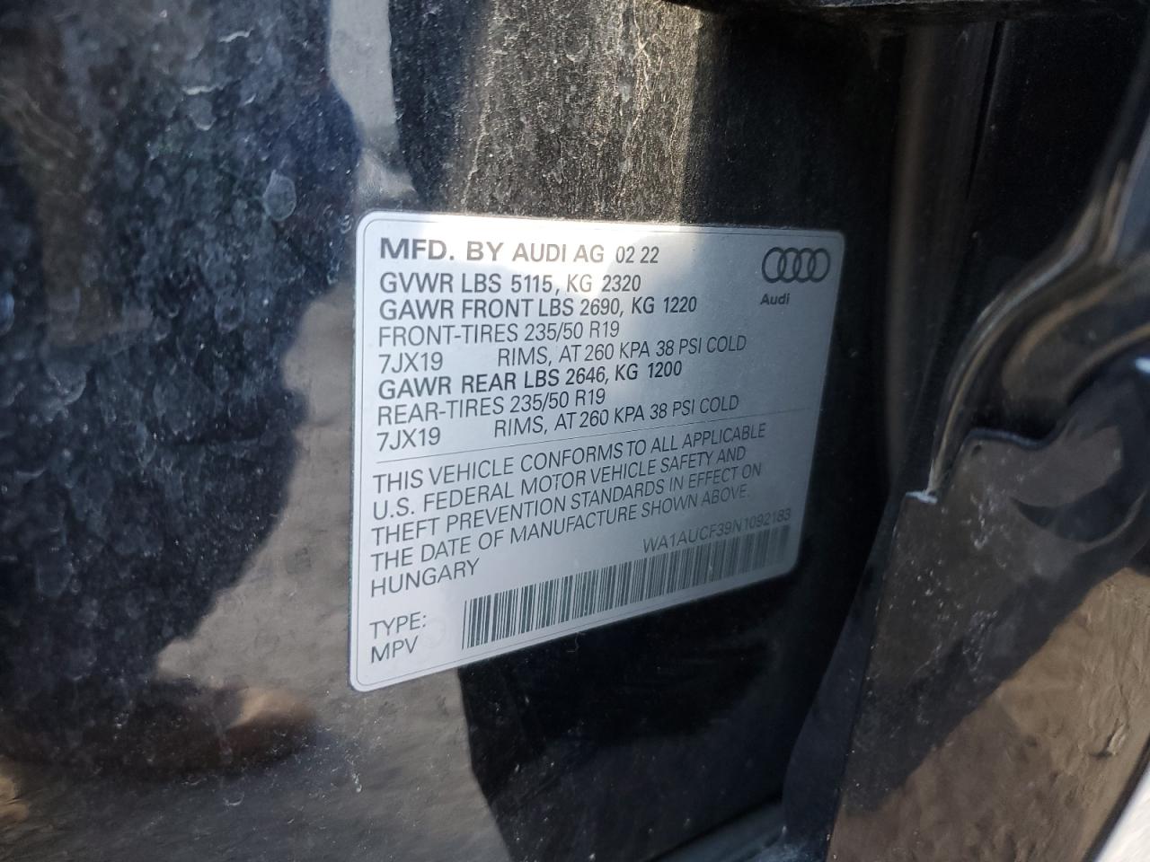 2022 AUDI Q3 PREMIUM 40 VIN:WA1AUCF39N1092183