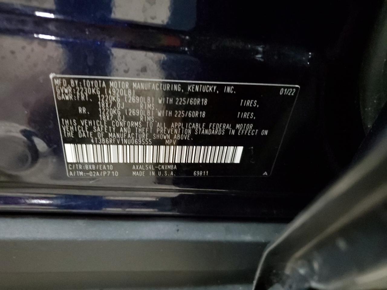 2022 TOYOTA RAV4 XLE PREMIUM VIN:4T3B6RFV1NU069555