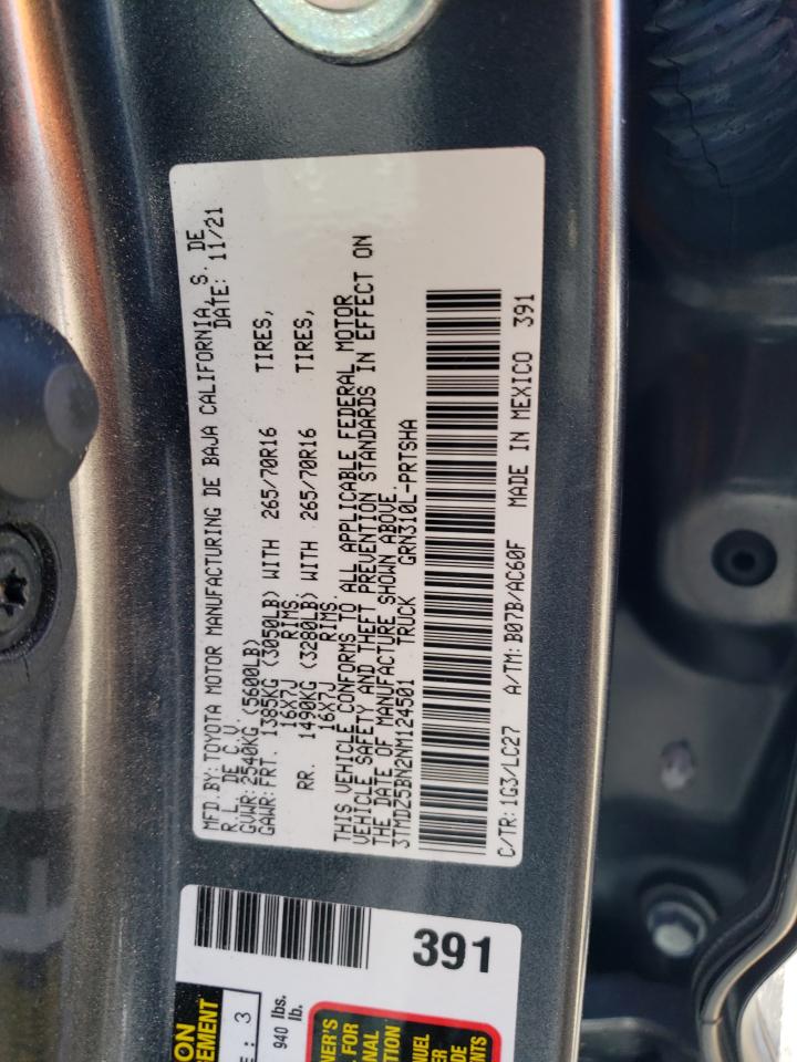 2022 TOYOTA TACOMA DOUBLE CAB VIN:3TMDZ5BN2NM124501