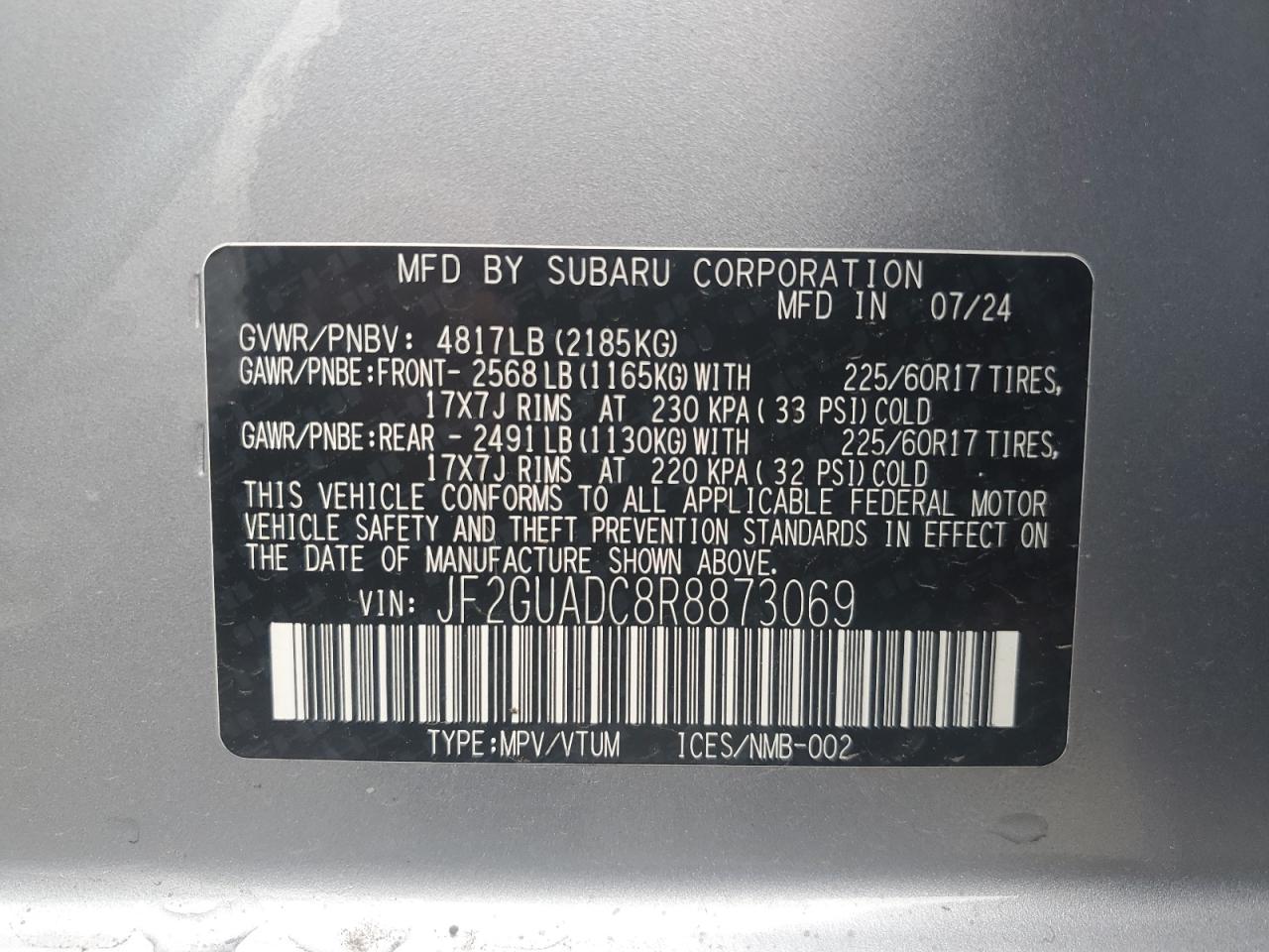 2024 SUBARU CROSSTREK PREMIUM VIN:JF2GUADC8R8873069