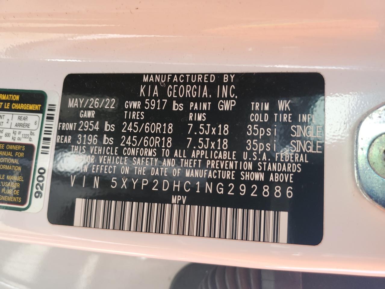 2022 KIA TELLURIDE LX VIN:5XYP2DHC1NG292886