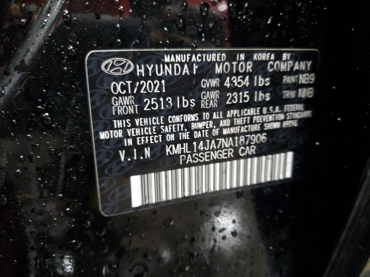 2022 HYUNDAI SONATA SEL VIN:KMHL14JA7NA187906