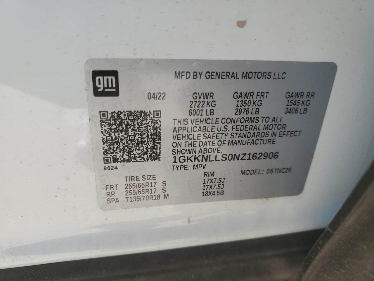 2022 GMC ACADIA AT4 VIN:1GKKNLLS0NZ162906