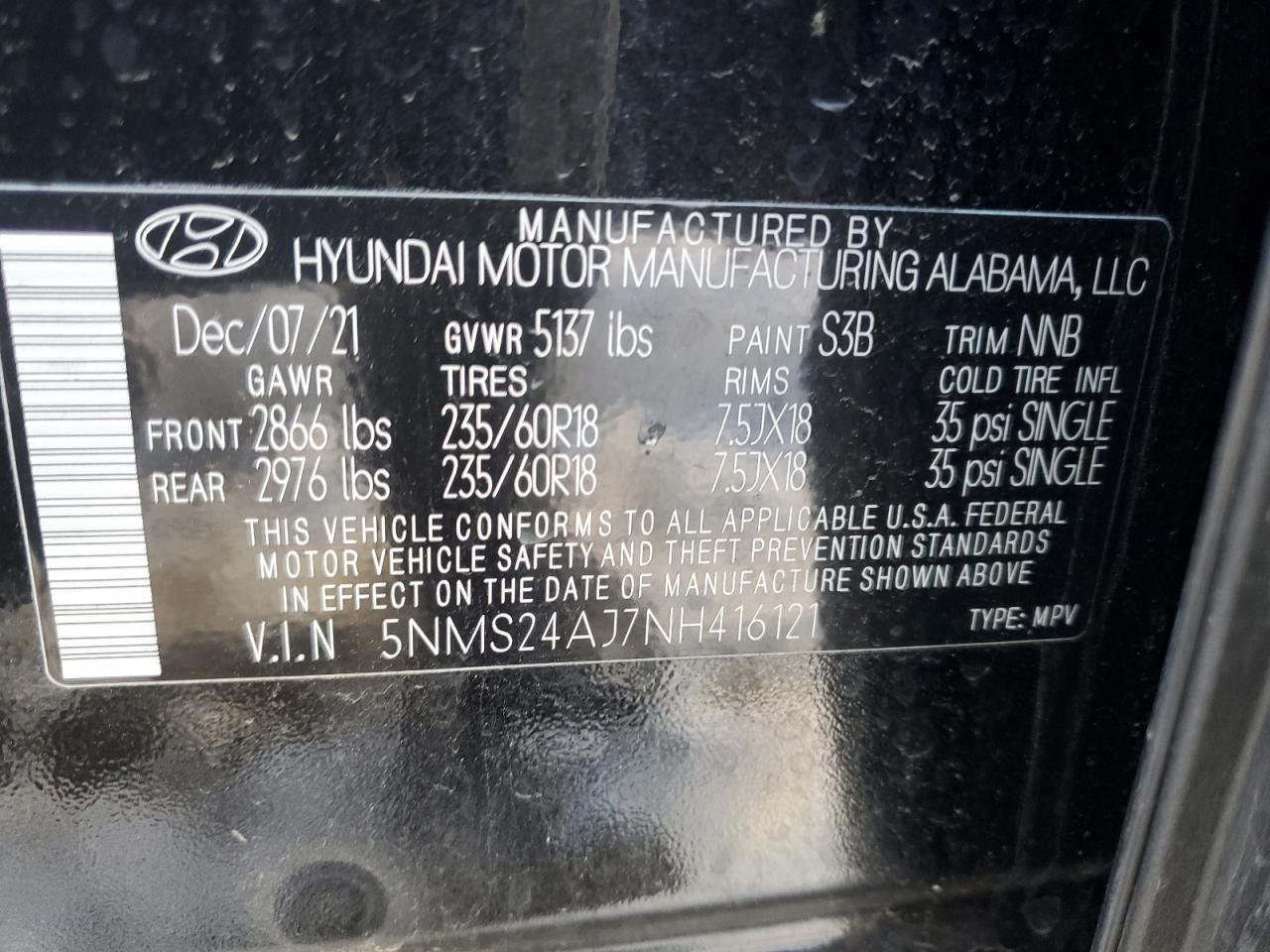 2022 HYUNDAI SANTA FE SEL VIN:5NMS24AJ7NH416121