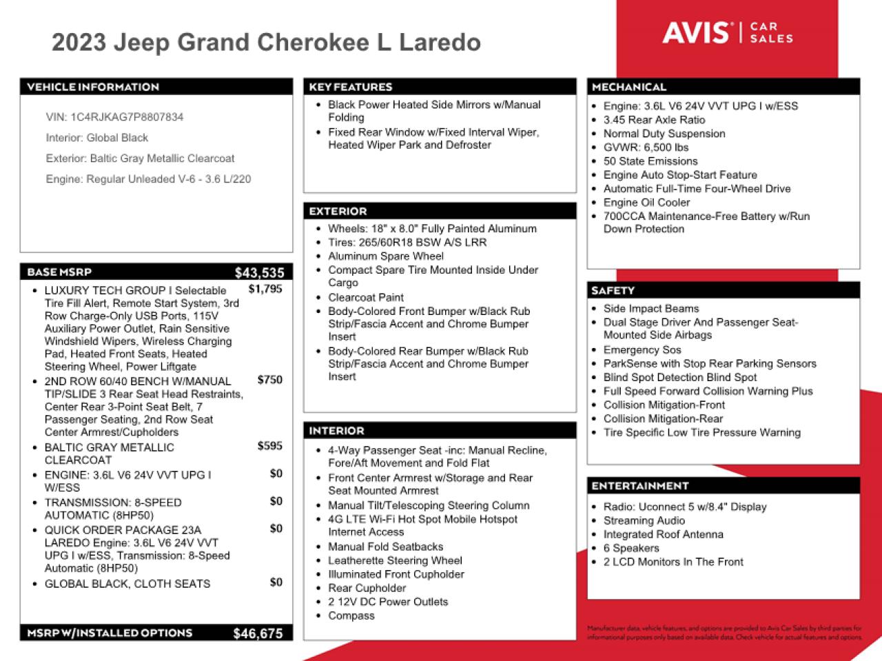 2023 JEEP GRAND CHEROKEE L LAREDO VIN:1C4RJKAG7P8807834