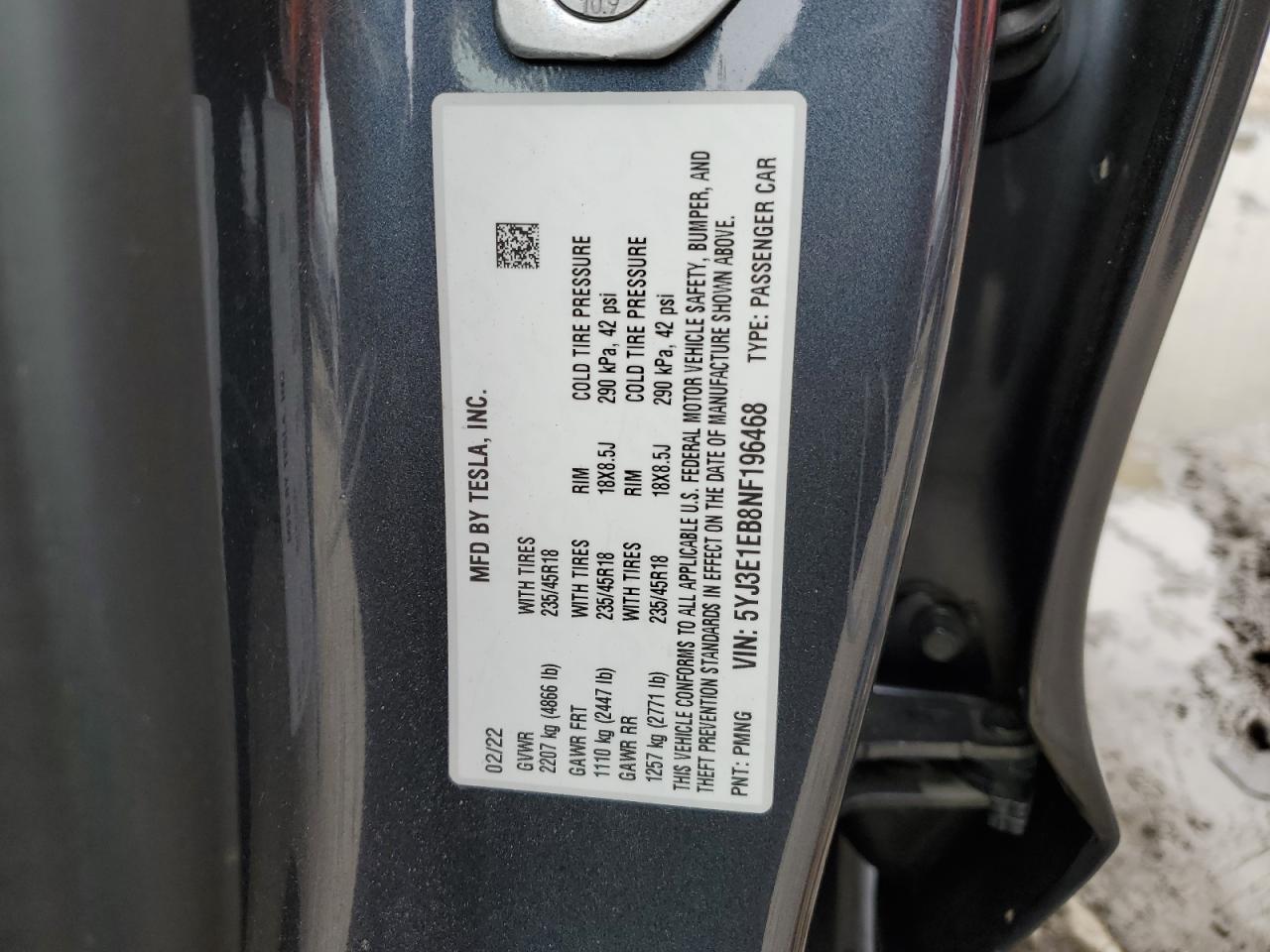 2022 TESLA MODEL 3  VIN:5YJ3E1EB8NF196468