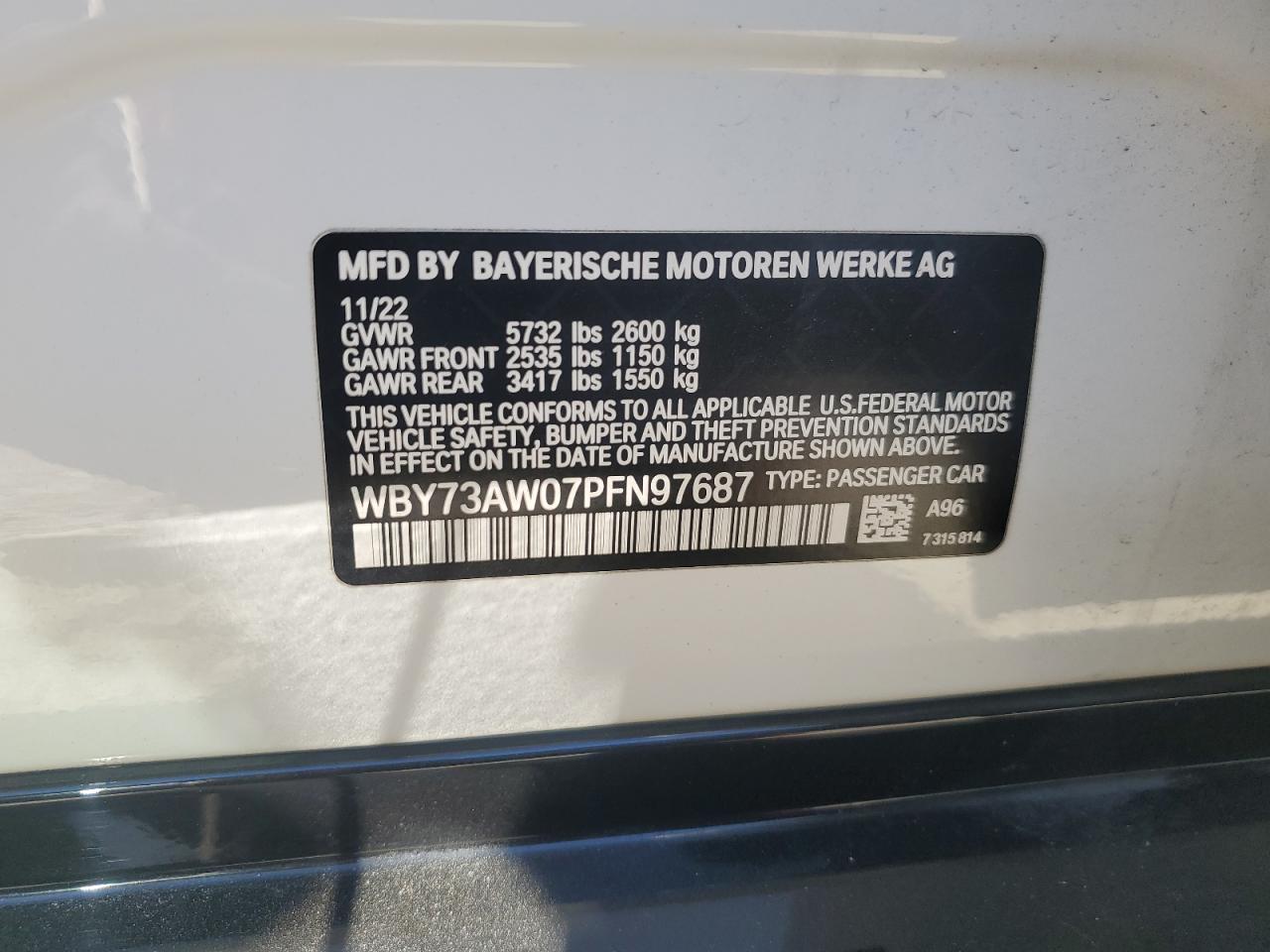 2023 BMW I4 EDRIVE 40 VIN:WBY73AW07PFN97687