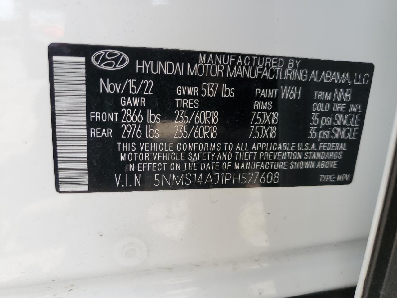 2023 HYUNDAI SANTA FE SE VIN:5NMS14AJ1PH527608