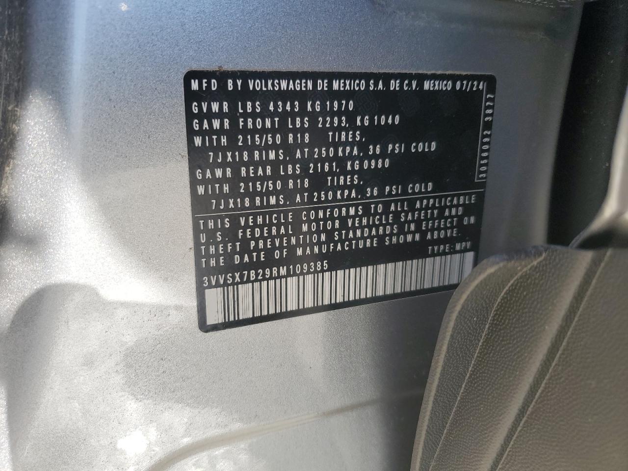 2024 VOLKSWAGEN TAOS SE VIN:3VVSX7B29RM109385