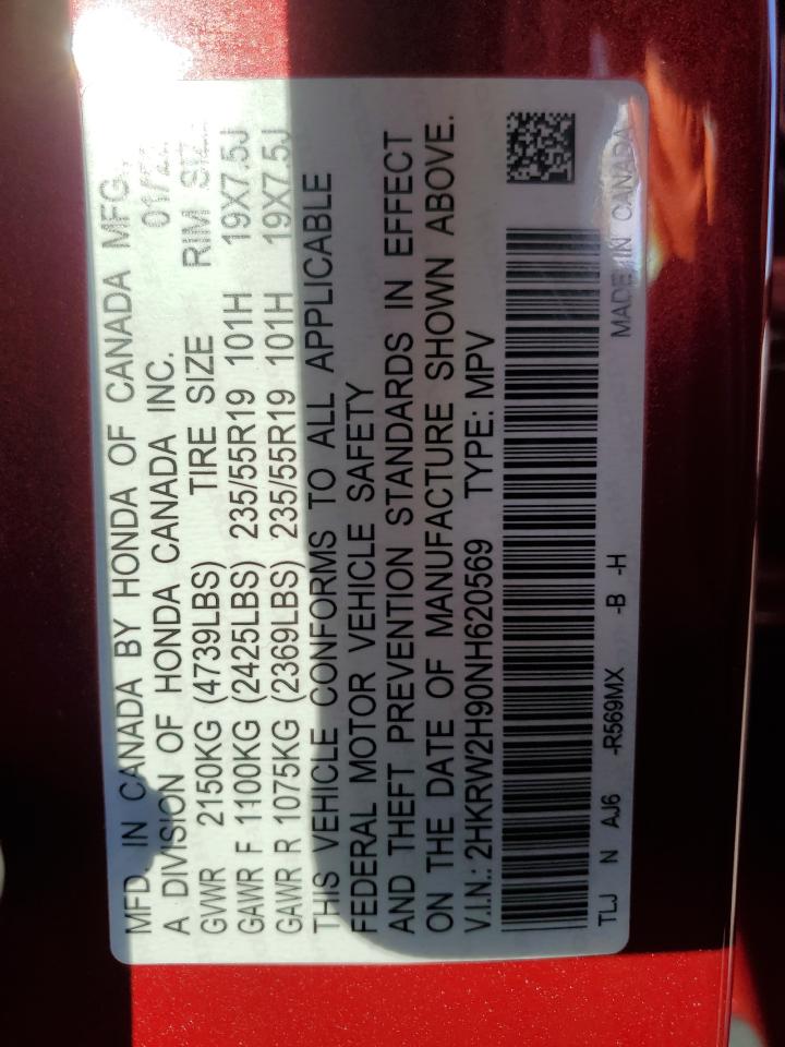 2022 HONDA CR-V TOURING VIN:2HKRW2H90NH620569