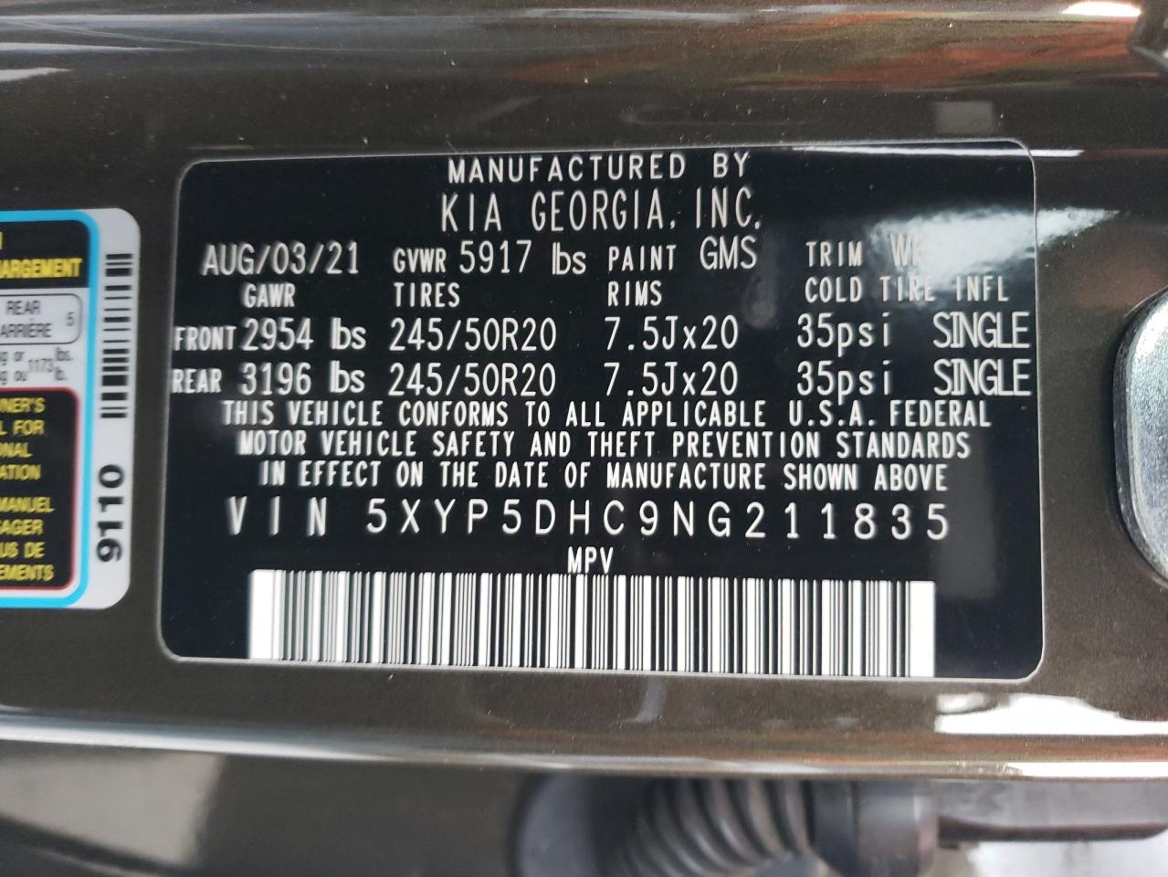 2022 KIA TELLURIDE SX VIN:5XYP5DHC9NG211835
