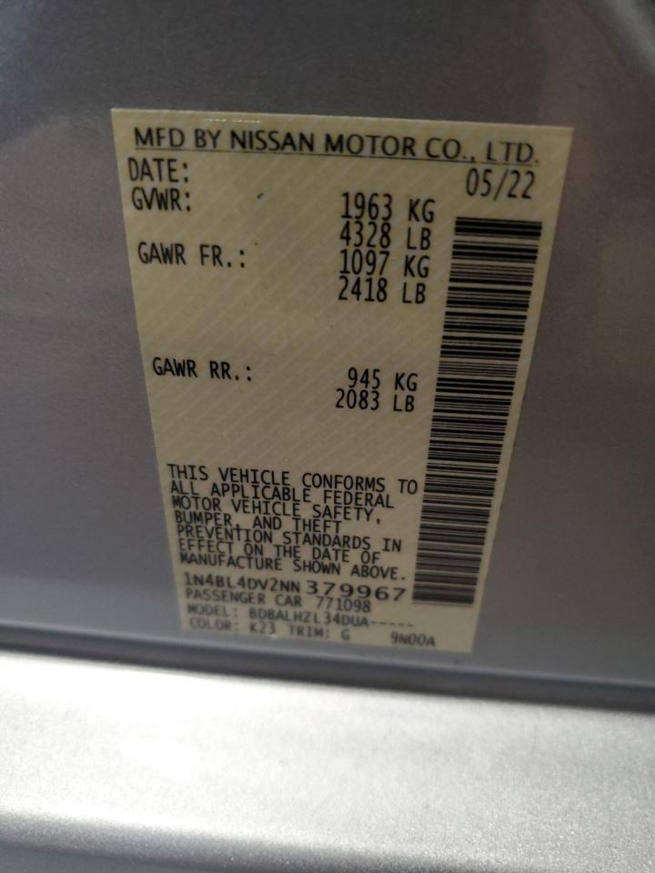 2022 NISSAN ALTIMA SV VIN:1N4BL4DV2NN379967