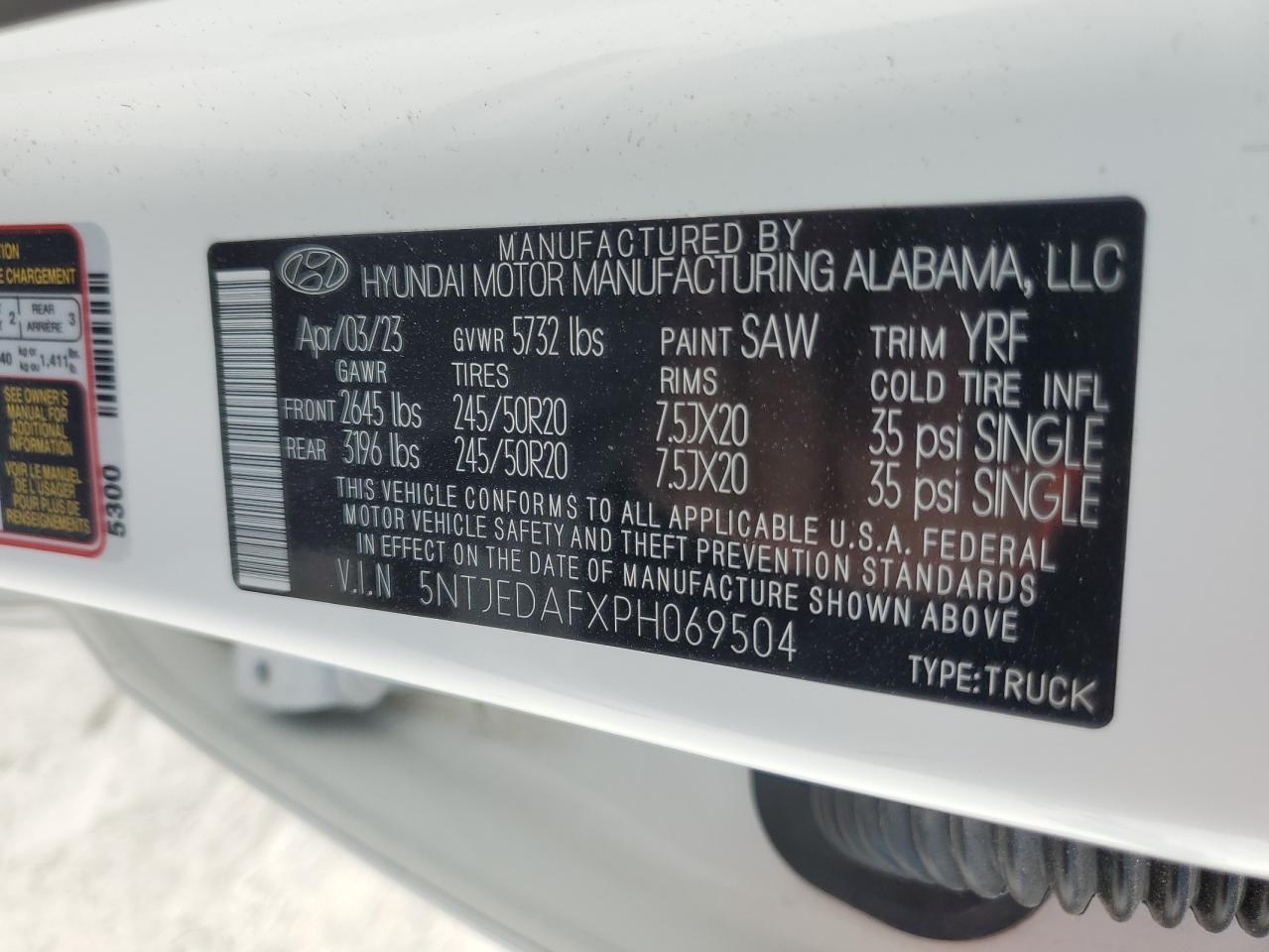 2023 HYUNDAI SANTA CRUZ LIMITED VIN:5NTJEDAFXPH069504