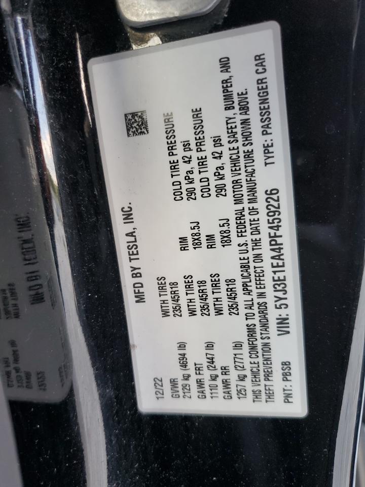 2023 TESLA MODEL 3  VIN:5YJ3E1EA4PF459226