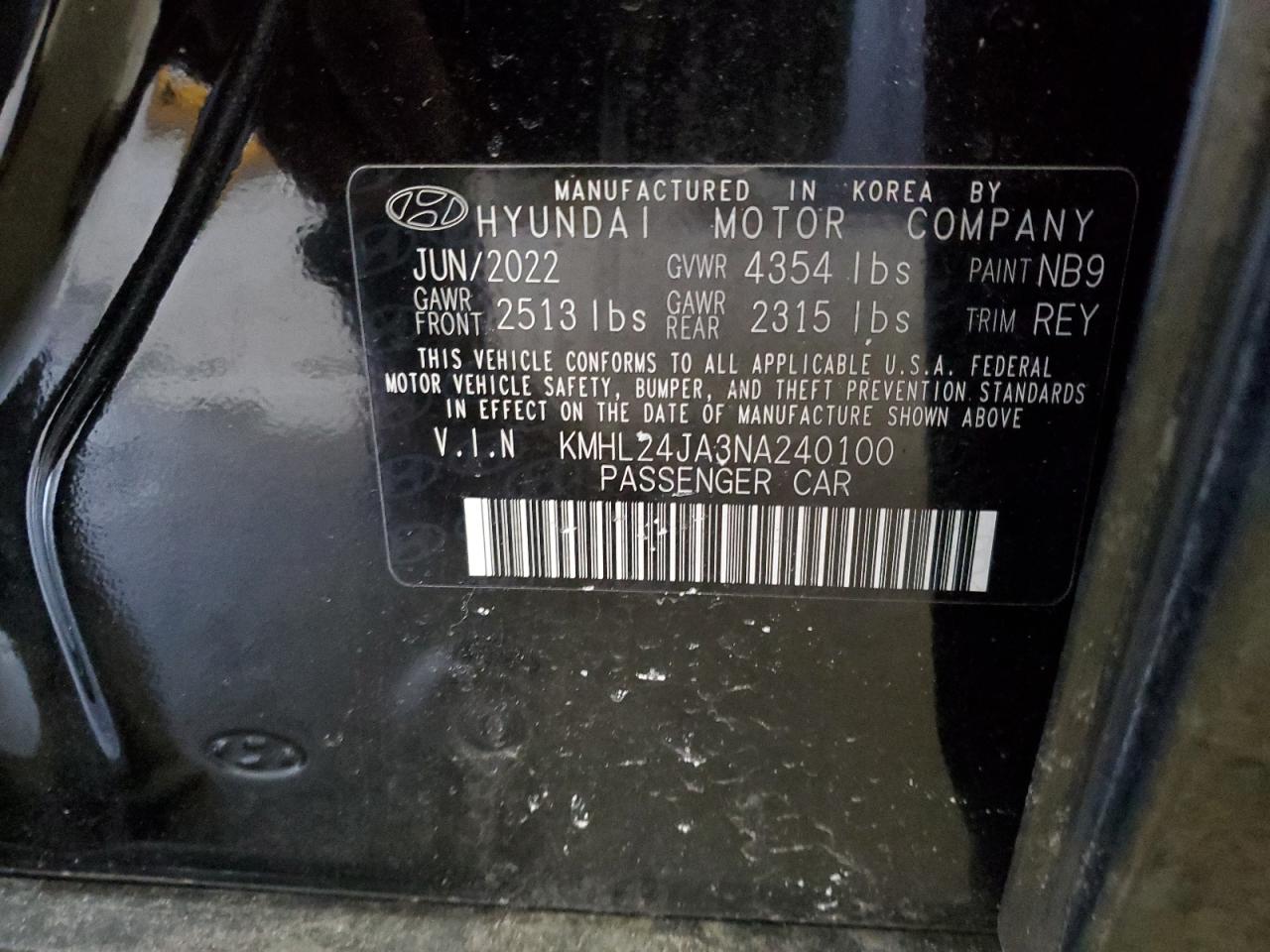 2022 HYUNDAI SONATA SE VIN:KMHL24JA3NA240100