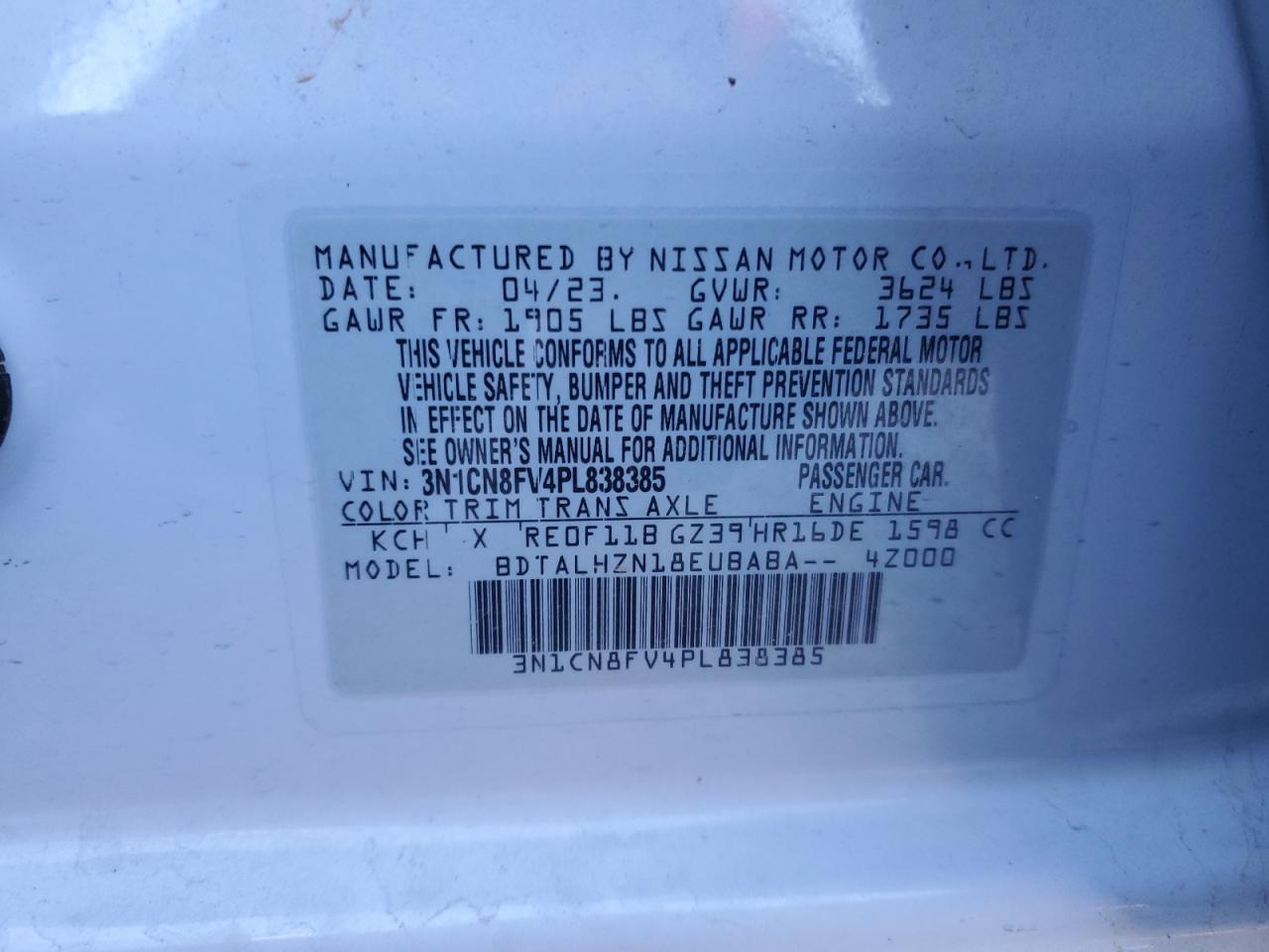 2023 NISSAN VERSA SR VIN:3N1CN8FV4PL838385