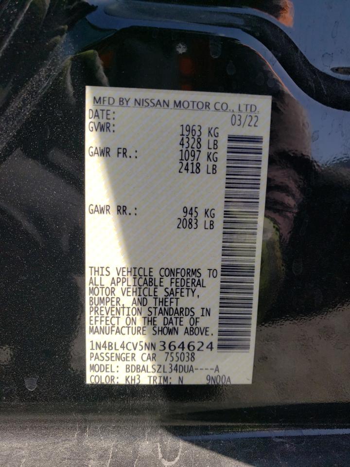 2022 NISSAN ALTIMA SR VIN:1N4BL4CV5NN364624