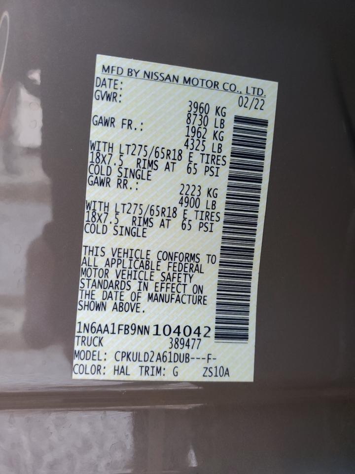 2022 NISSAN TITAN XD SV VIN:1N6AA1FB9NN104042