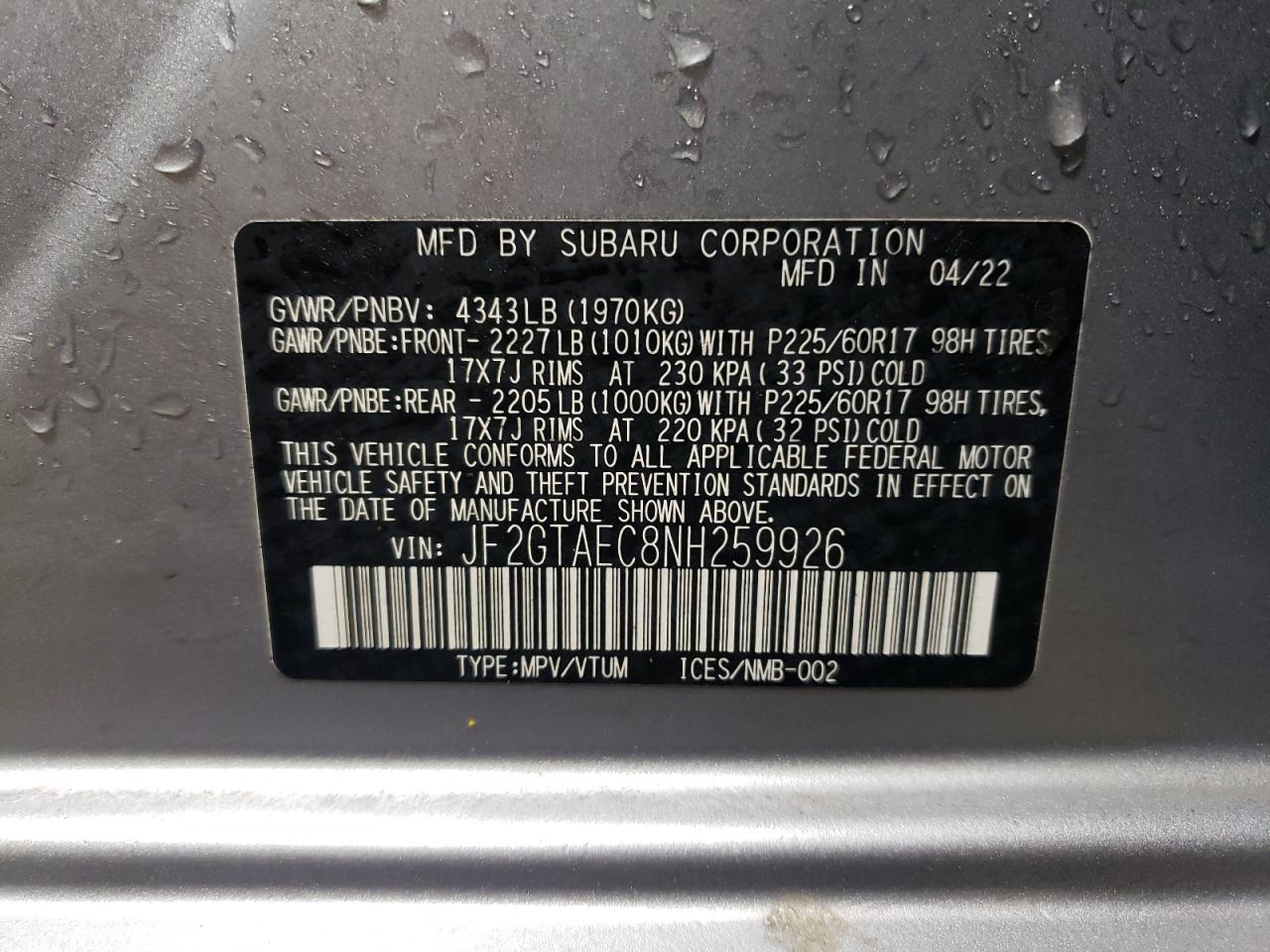 2022 SUBARU CROSSTREK PREMIUM VIN:JF2GTAEC8NH259926