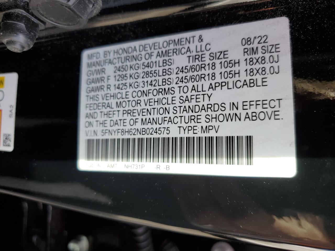 2022 HONDA PASSPORT TRAIL SPORT VIN:5FNYF8H62NB024575