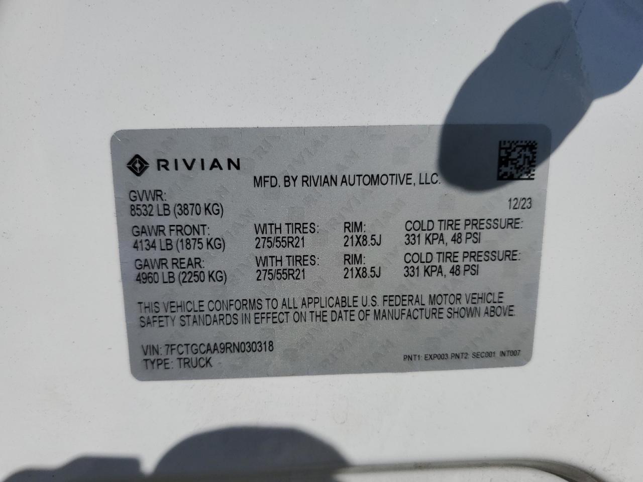 2024 RIVIAN R1T ADVENTURE VIN:7FCTGCAA9RN030318