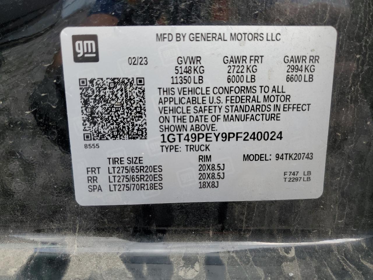 2023 GMC SIERRA K2500 AT4 VIN:1GT49PEY9PF240024