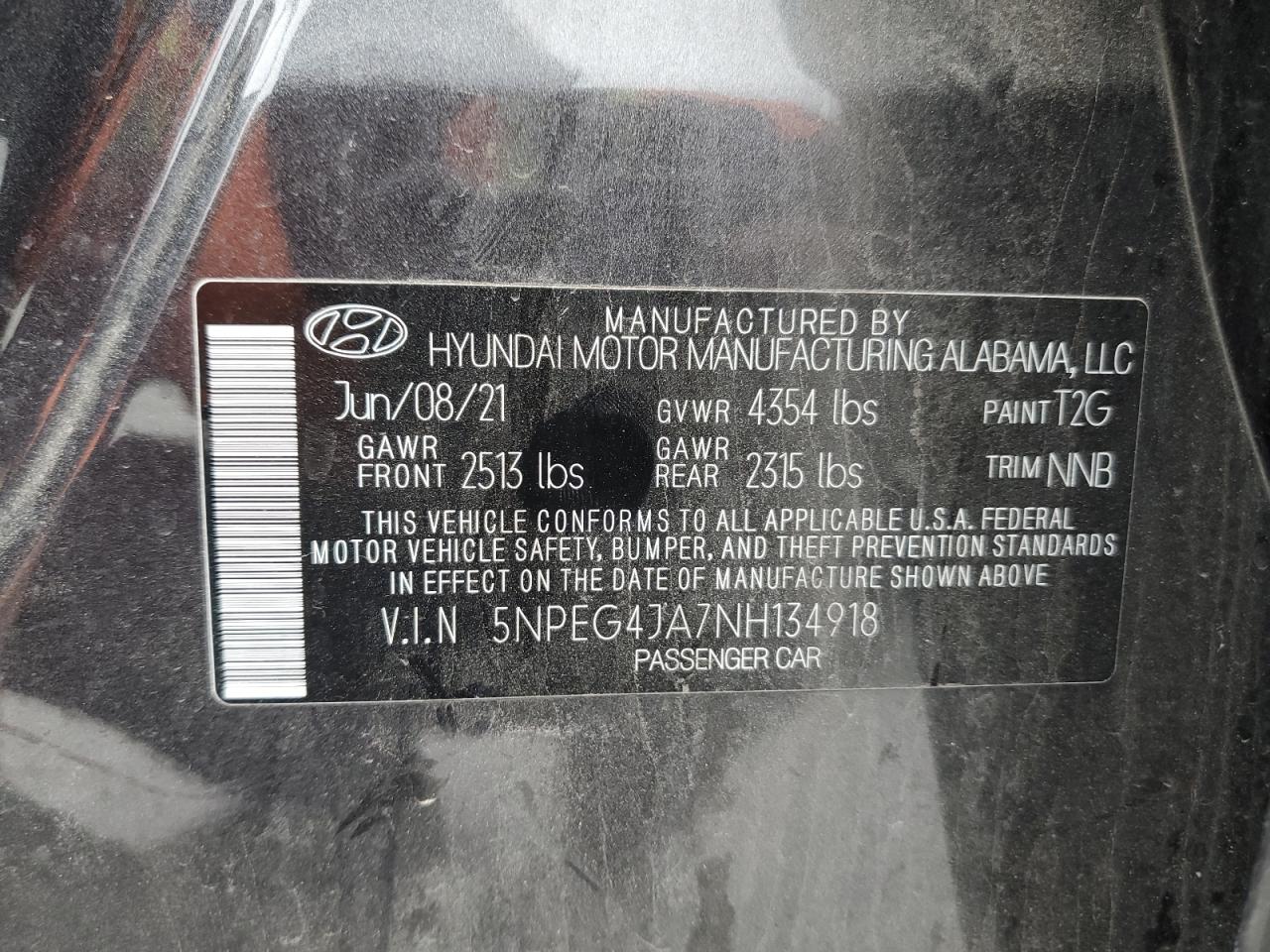 2022 HYUNDAI SONATA SE VIN:5NPEG4JA7NH134918