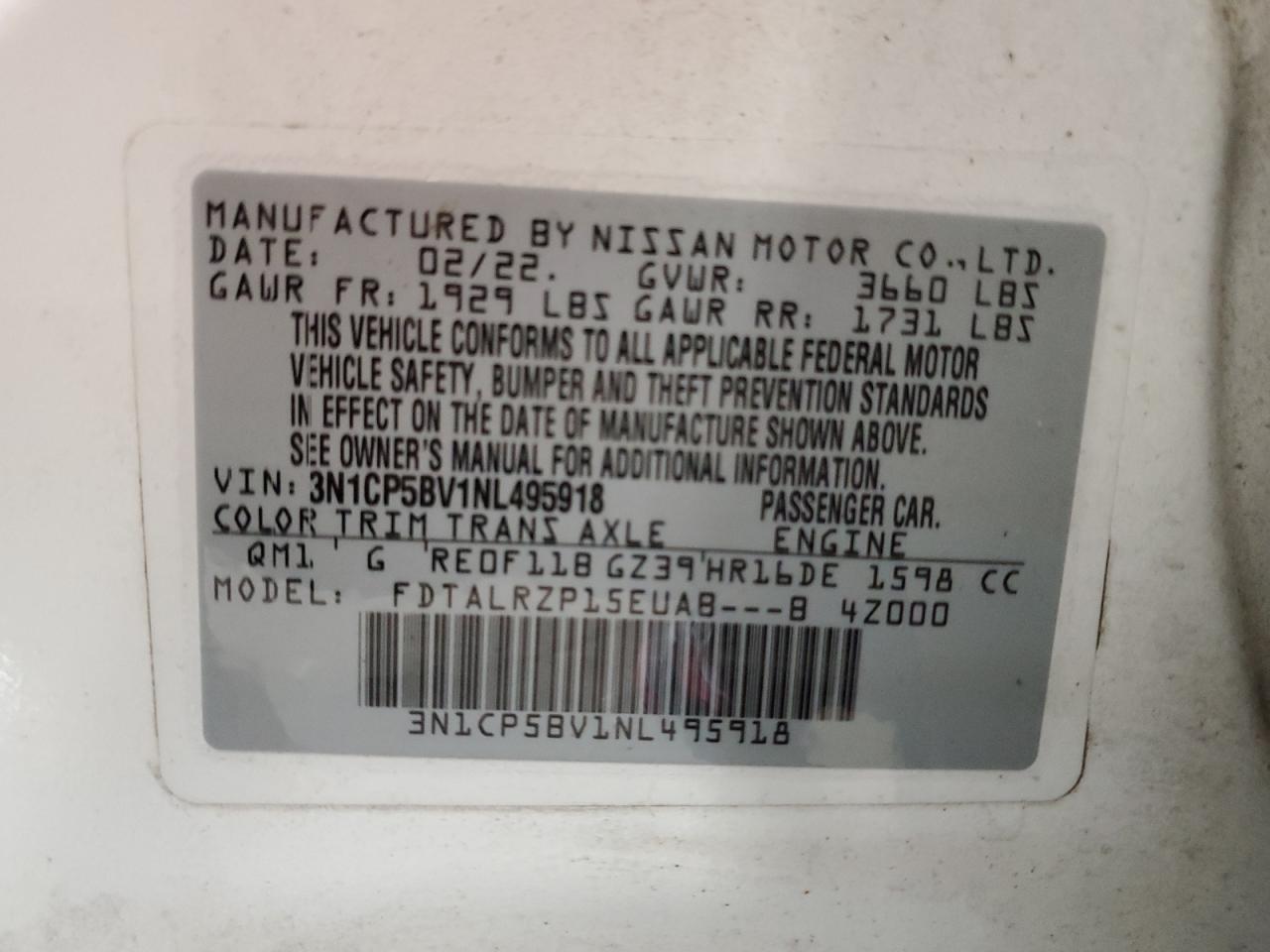 2022 NISSAN KICKS S VIN:3N1CP5BV1NL495918