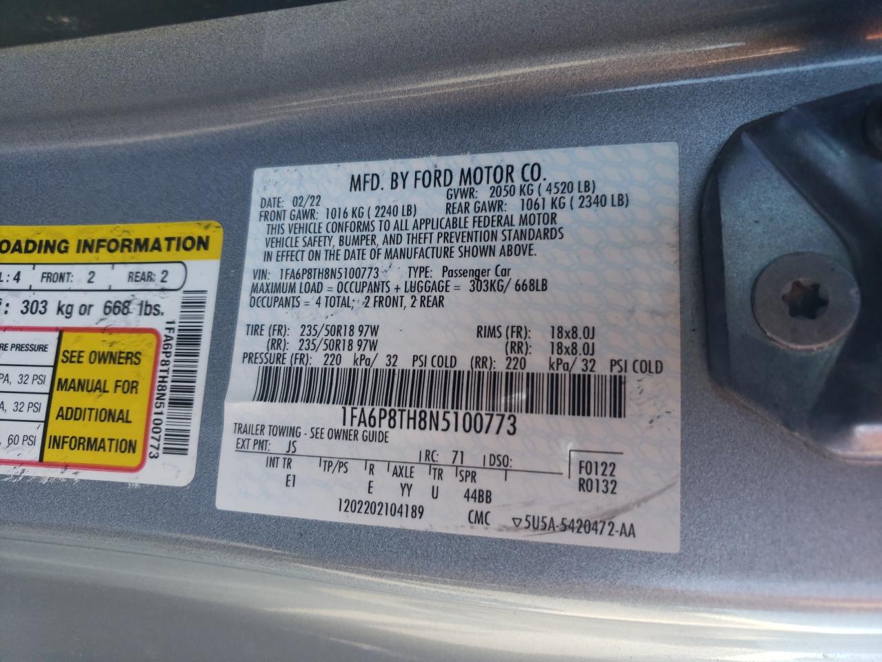 2022 FORD MUSTANG  VIN:1FA6P8TH8N5100773