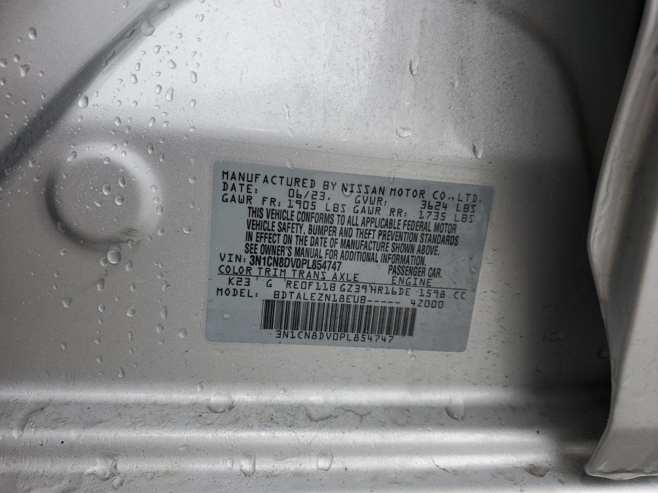 2023 NISSAN VERSA S VIN:3N1CN8DV0PL854747