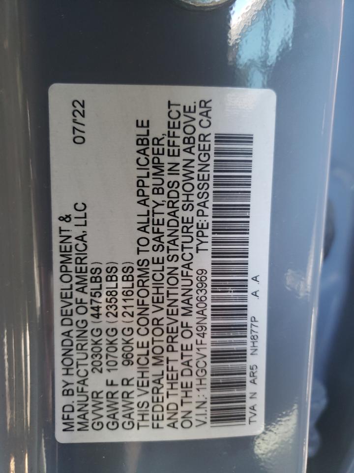 2022 HONDA ACCORD SPORT SE VIN:1HGCV1F49NA063969