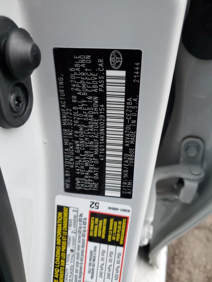 2022 TOYOTA CAMRY SE VIN:4T1G11AK9NU029154