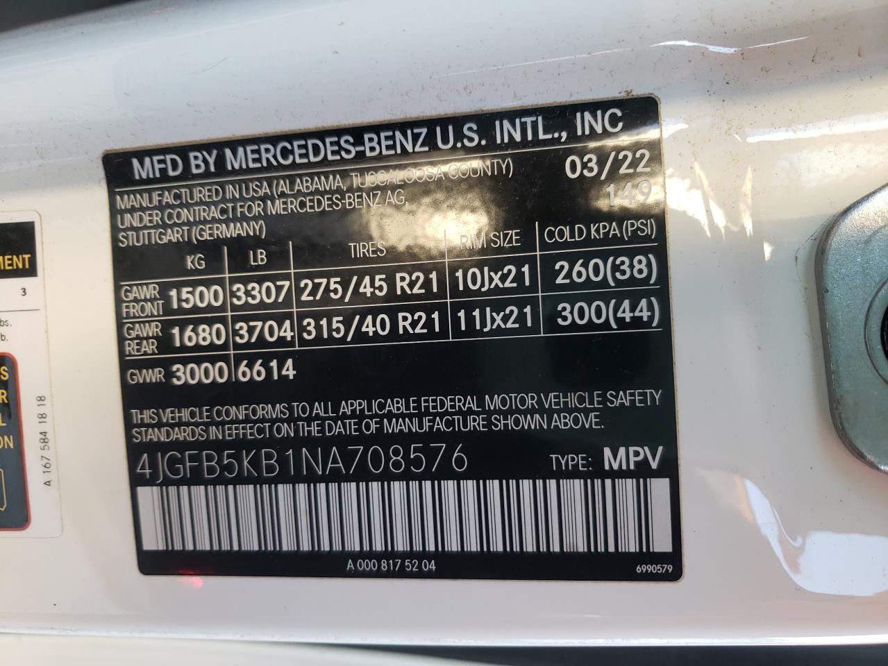 2022 MERCEDES-BENZ GLE 450 4MATIC VIN:4JGFB5KB1NA708576