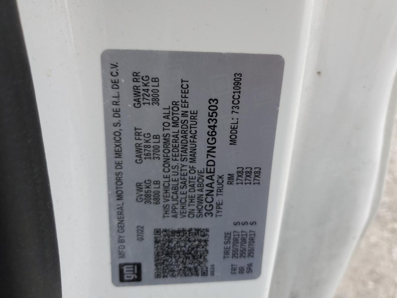 2022 CHEVROLET SILVERADO C1500 VIN:3GCNAAED7NG643503