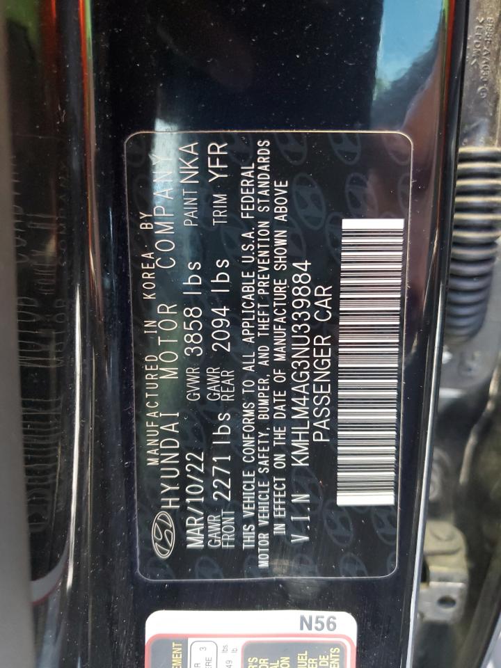 2022 HYUNDAI ELANTRA SEL VIN:KMHLM4AG3NU339884