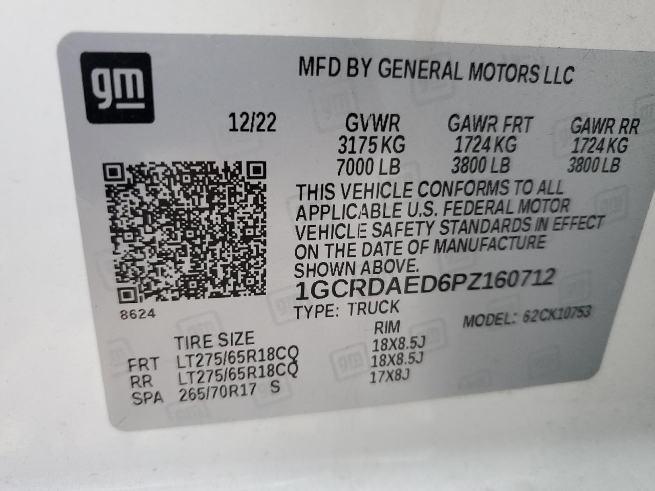 2023 CHEVROLET SILVERADO K1500 VIN:1GCRDAED6PZ160712