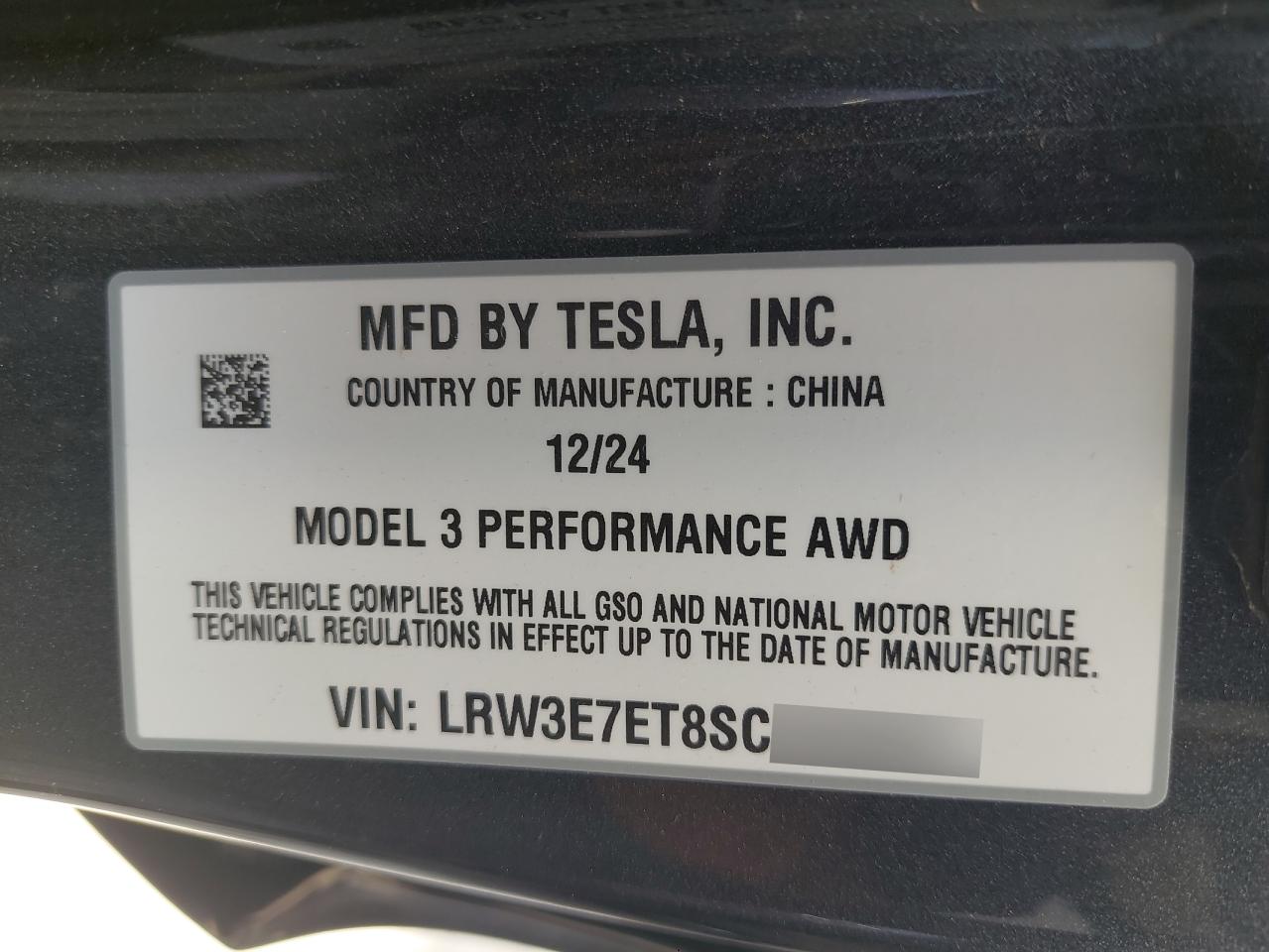 2025 TESL MODEL 3 VIN:LRW3E7ET8SC******