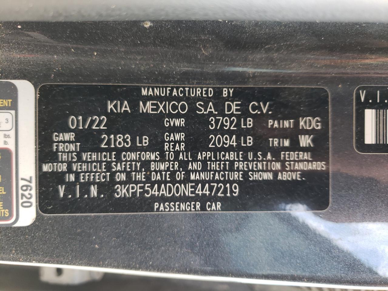 2022 KIA FORTE GT LINE VIN:3KPF54AD0NE447219
