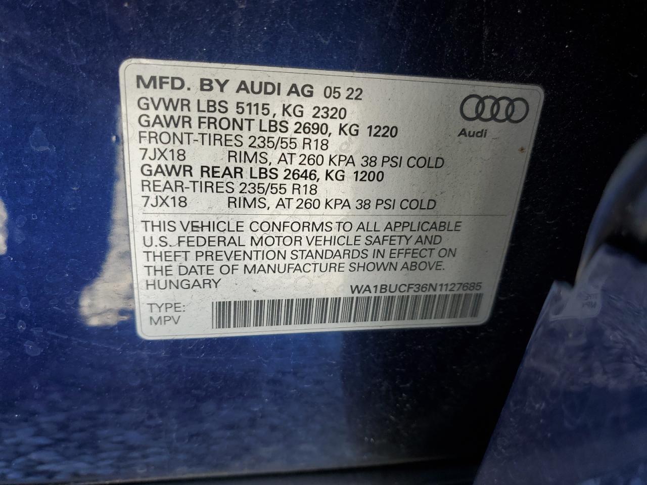 2022 AUDI Q3 PREMIUM PLUS 40 VIN:WA1BUCF36N1127685