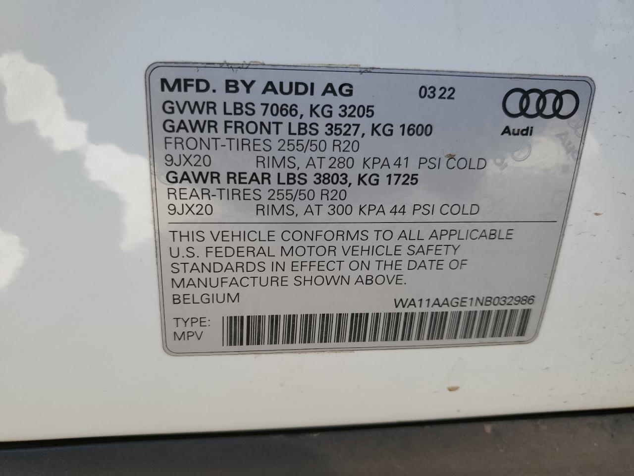 2022 AUDI E-TRON SPORTBACK PREMIUM VIN:WA11AAGE1NB032986