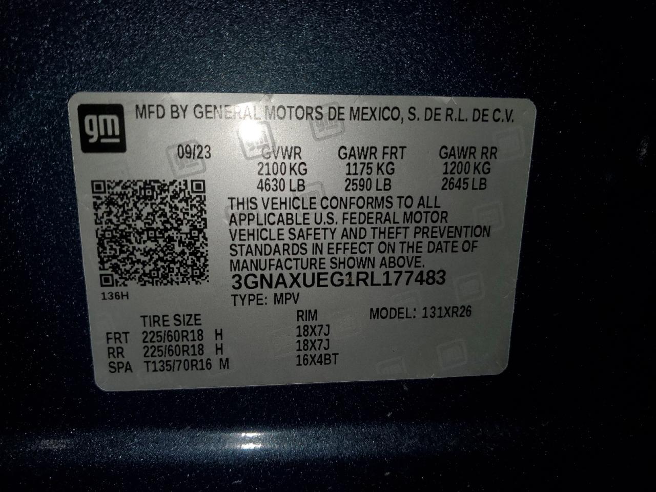 2024 CHEVROLET EQUINOX LT VIN:3GNAXUEG1RL177483